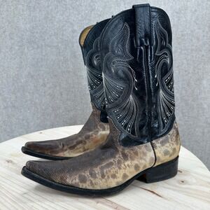 El Patron Lizard Skin Western Cowboy Boots 11.5 Black Brown Snip Toe Leather